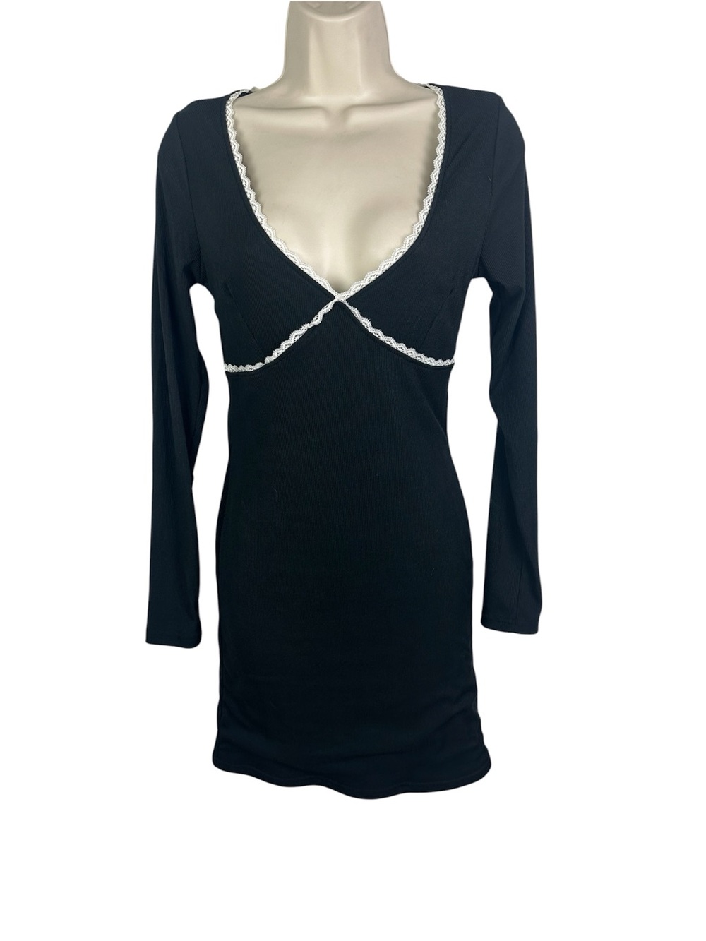 Arden B Black Long Sleeve Deep V Mini Dress with White Lace Trim